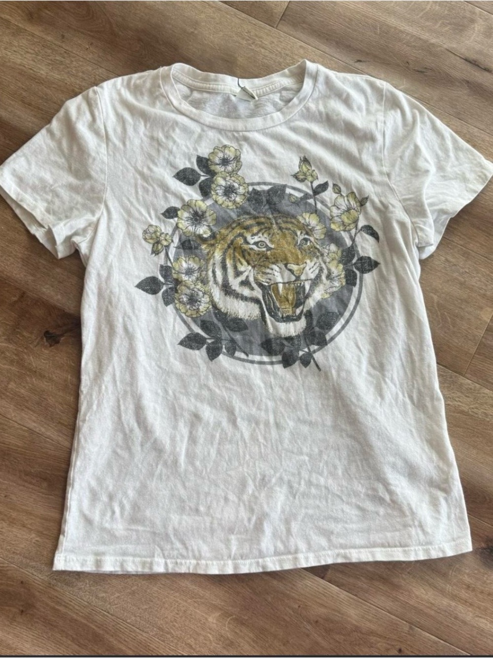 White Short-Sleeve Tee with Tiger & Floral Graphic